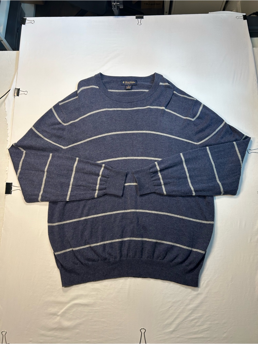 Brooks Brothers XL Mens Cotton-Cashmere-Silk Blend Crewneck Sweater Blue Striped